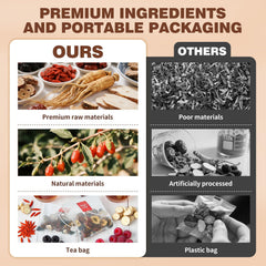 QUMIOBU ingredientes dispuestos: ginseng, goji y moras, evidencia de mezcla natural