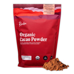 Raaka polvo de cacao frente bolsa mostrando tamaño y resealable como beneficio