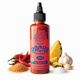 Racha Organics botella frontal mostrando etiqueta y aspecto orgánico