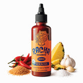 Racha Organics botella frontal mostrando color y etiqueta, realza platos