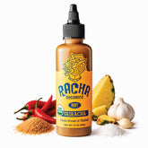 Racha Organics botella frontal mostrando etiqueta orgánica y calor visible