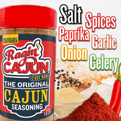 Ragin' Cajun espolvoreado sobre camarones a la parrilla, realza sabor marino