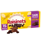Raisinets vista frontal de la caja 15 pack mostrando paquetes individuales y conveniencia