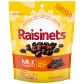 Raisinets paquete frontal mostrando 8 bolsas y fácil reparto