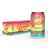 RAMBLER lata frente mostrando diseño y sabor cereza, refresco visible