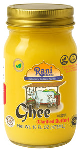 Rani Brand frasco frontal de ghee en vidrio con aroma mantecoso y aspecto artesanal