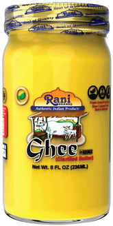 Rani Ghee tarro frontal mostrando etiqueta y vidrio, conservación y pureza