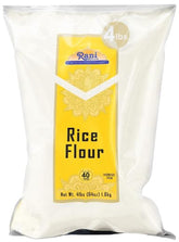 Rani harina de arroz frente del empaque, presentación a granel y almacenamiento práctico