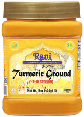 Rani Brand frasco frontal de cúrcuma de 454 g mostrando envase PET y etiqueta
