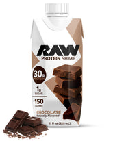 RAW botella frontal de chocolate mostrando etiqueta clara y propuesta alta proteína