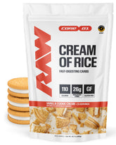 RAW envase frontal de Cream of Rice mostrando la marca y el sabor vanilla cookie, útil para identificar el producto