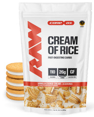 RAW envase frontal de Cream of Rice mostrando la marca y el sabor vanilla cookie, útil para identificar el producto