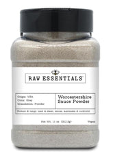 Raw Essentials bote frontal mostrando 11 oz y diseño identificable, aporta sabor umami