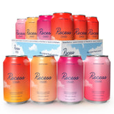 Recess pack frontal mostrando las 12 latas y sabores para elegir
