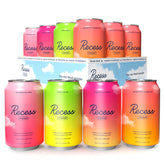 Recess pack frontal mostrando las 12 latas y etiquetas claras, ideal para probar sabores