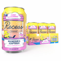 Recess lata frontal mostrando diseño y sabor rosa limón, refresco funcional