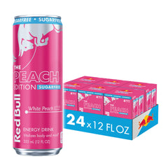 Red Bull lata White Peach frente mostrando diseño veraniego y refresco instantáneo