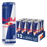 Red Bull lata frontal 20 fl oz mostrando branding y formato práctico