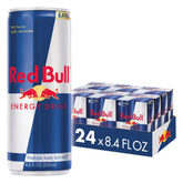 Red Bull lata frontal mostrando la marca y diseño, energía instantánea