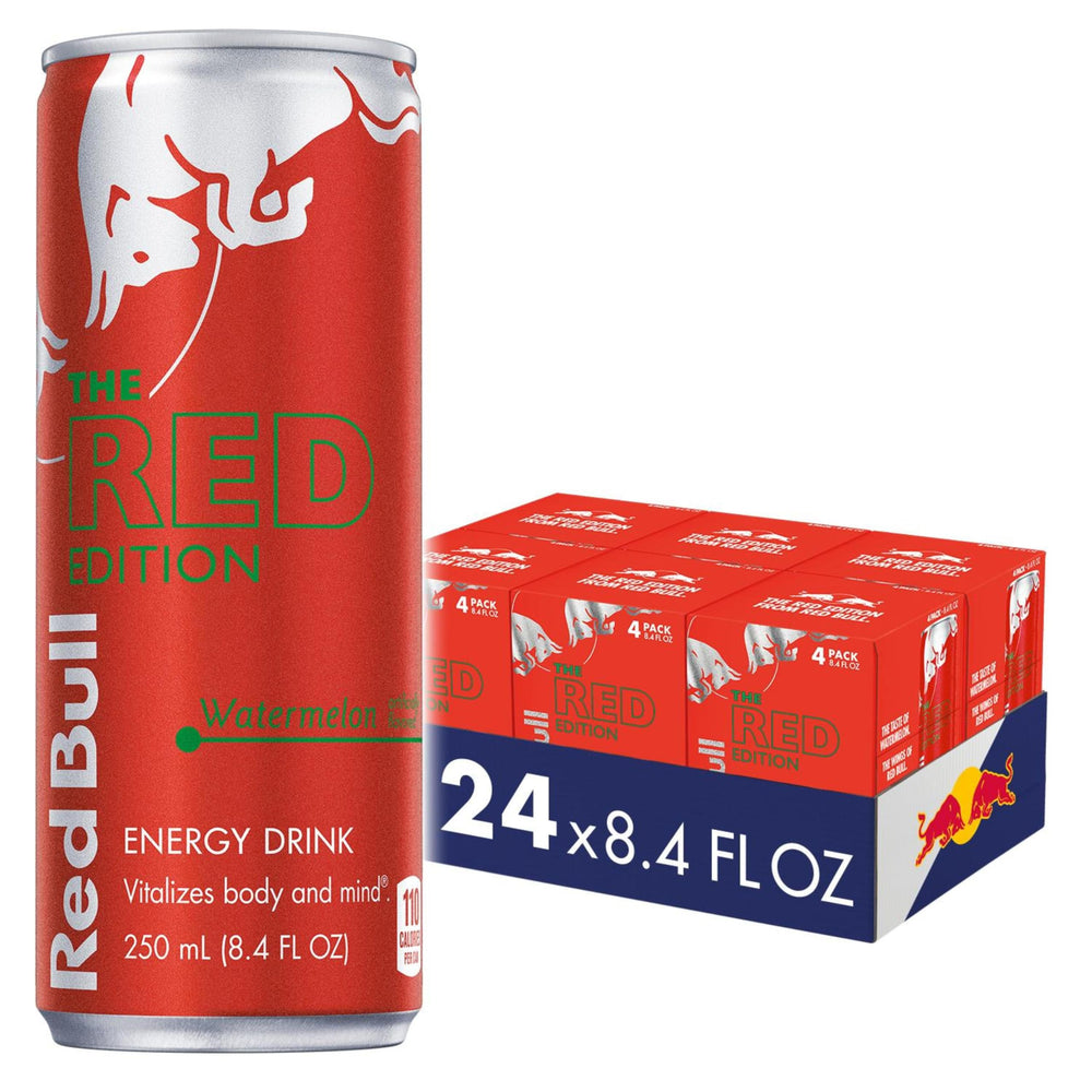 Red Bull lata frente pack Red Edition Sandía mostrando diseño atractivo y lista para usar