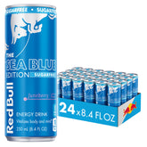 Red Bull Sea Blue frente de lata mostrando diseño y sabor juneberry