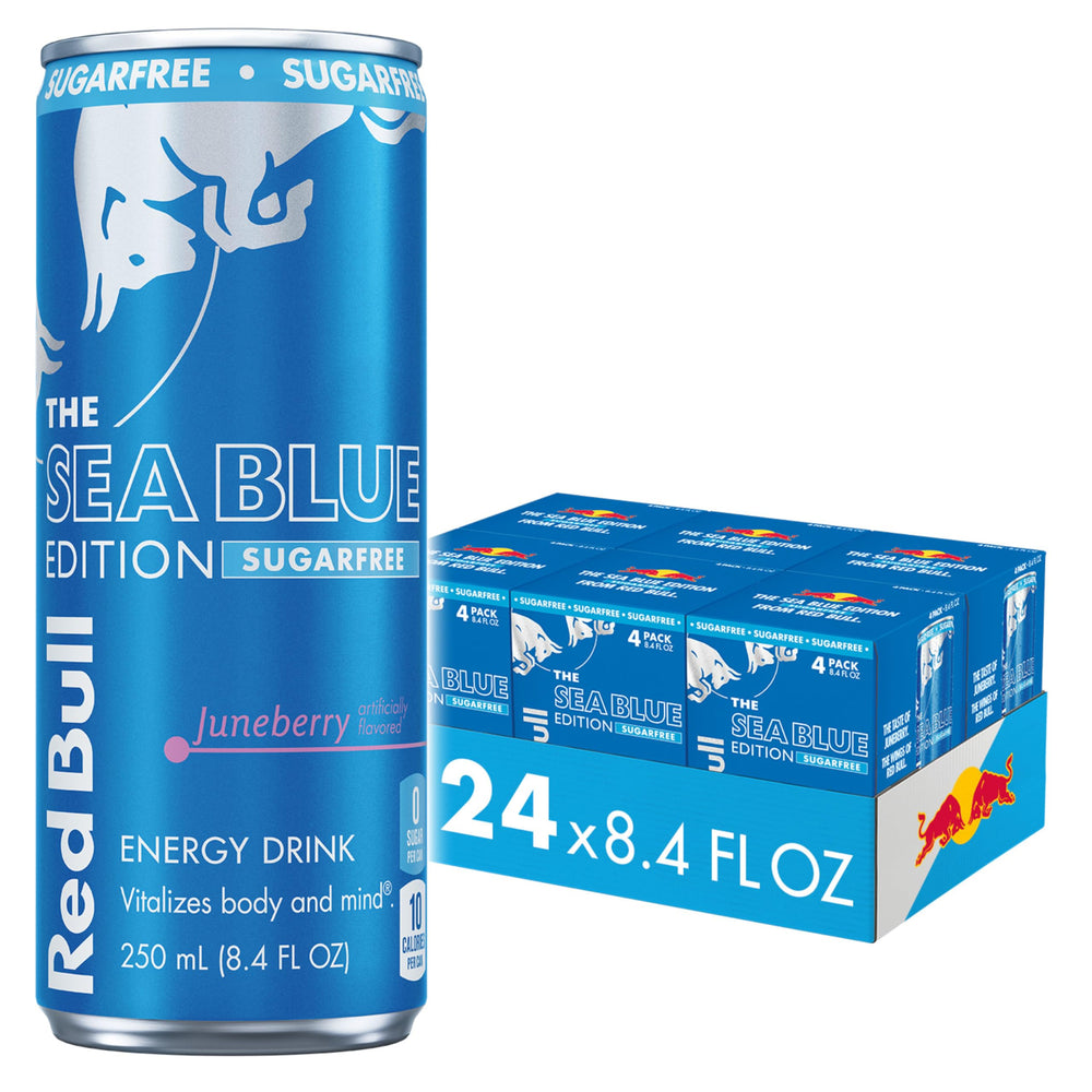 Red Bull Sea Blue frente de lata mostrando diseño junioberry y conveniencia