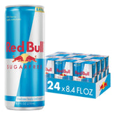Red Bull lata frontal mostrando diseño y logo, energía sin azúcar visible