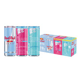 Red Bull pack variado frontal mostrando latas Sugarfree y Zero, aporta energía sin azúcar