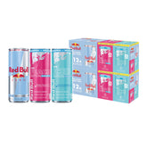 Red Bull pack frontal mostrando tres ediciones sin azúcar y conveniencia