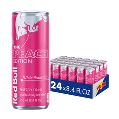 Red Bull lata White Peach al frente mostrando diseño veraniego y atractivo