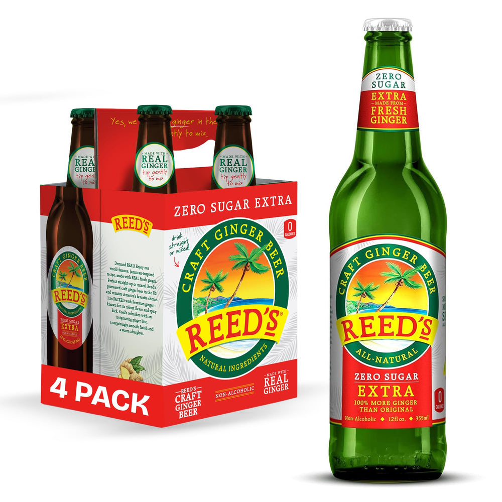 Reed's botella frontal mostrando etiqueta y vidrio elegante