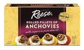 Reese lata frontal de anchoas enrolladas con aceite mostrando presentación práctica