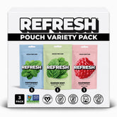 Refresh Gum frontal del pack de 3 mostrando pouches, práctico y portátil