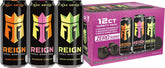 REIGN pack frontal mostrando las latas y variedad de sabores, ideal para entreno
