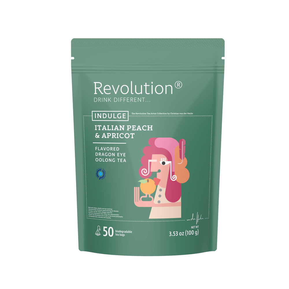 Revolution Tea frente del paquete mostrando la marca y 50 bolsas, ideal para consumo diario