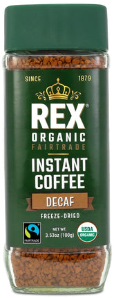 Rex Coffee frasco frontal mostrando etiqueta y beneficio orgánico