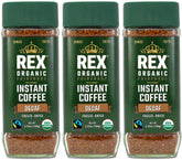 Rex Coffee frasco frontal mostrando etiqueta orgánica y Fairtrade, conveniencia visible