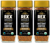Rex Coffee frasco frontal mostrando etiqueta y ventaja ecológica