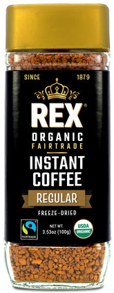 Rex Coffee frasco frontal mostrando diseño y sello orgánico, conserva frescura