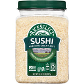 RiceSelect frasco frontal mostrando arroz transparente y beneficios de calidad