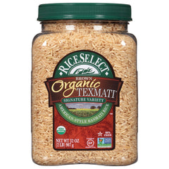 RiceSelect frasco transparente mostrando arroz Texmati, fácil almacenamiento