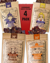 Righteous Felon frente del paquete que muestra los cuatro sabores, ideal para elegir snack
