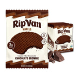 Rip Van Wafels paquete frontal mostrando 12 stroopwafels, práctico y bajo en azúcar