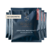 Rishi Tea frente del empaque mostrando 50 bolsitas y beneficio de conveniencia