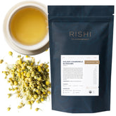 Rishi Tea frasco delantero con flores doradas brillante y atractivo