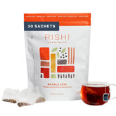 Rishi Tea empaque frontal resellable mostrando 30 sachets y conveniencia
