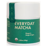 Rishi Tea lata frontal mostrando etiqueta y conservación del matcha