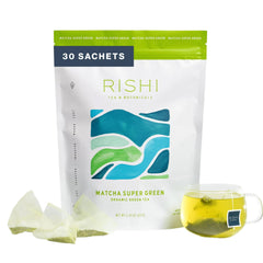 Rishi Tea vista frontal del empaque mostrando 30 sachets y conveniencia