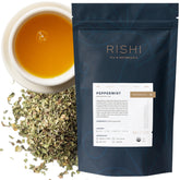 Rishi Tea paquete frontal mostrando diseño y menta orgánica, transmite frescura inmediata