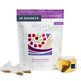 Rishi Tea frontal del paquete mostrando 30 sachets y beneficios orgánicos